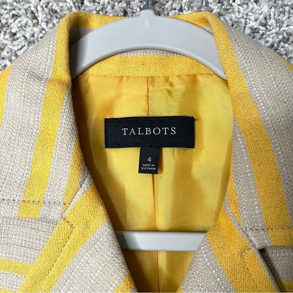 Talbots Yellow & Beige Tan Striped Cotton & Linen Blend Pea Blazer Jacket Size 4 - Picture 2 of 4